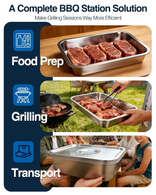 Matchwaves 6-Piece Stainless Steel Grill Prep & Serve Trap With Lid & Dual-Sided Cutting Board