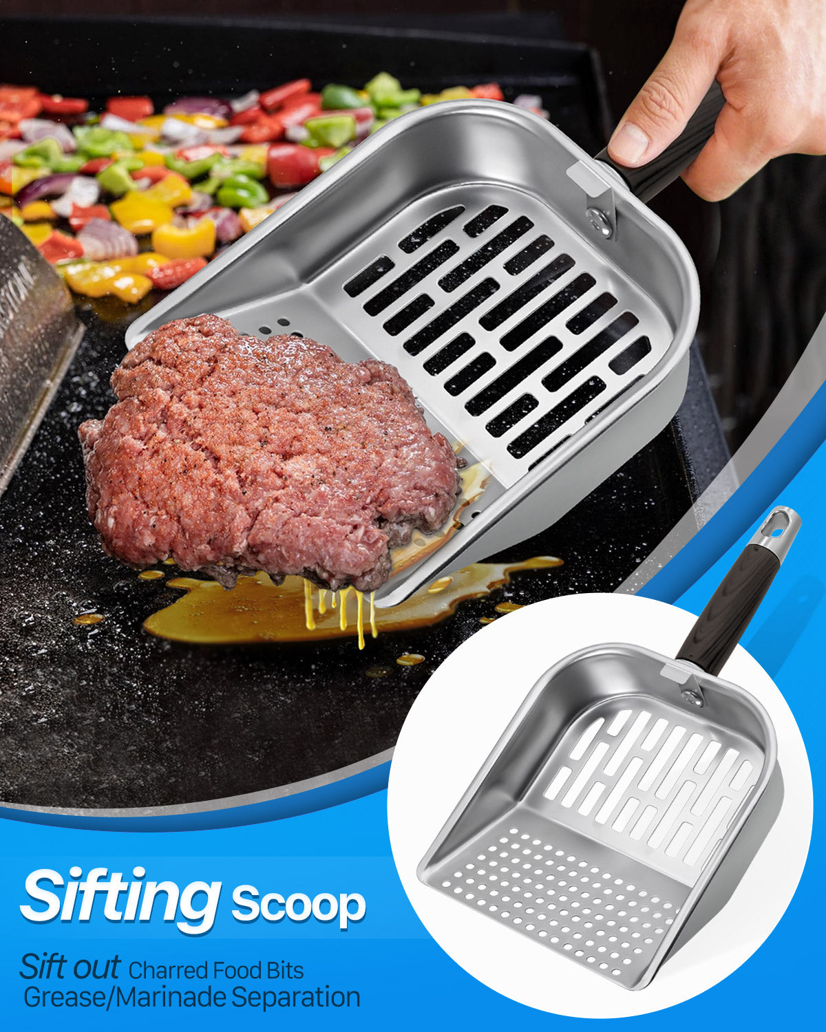 3-in-1 Griddle Scoop For Blackstone Extra-Large Stainless Steel Food Mover & Sifter
