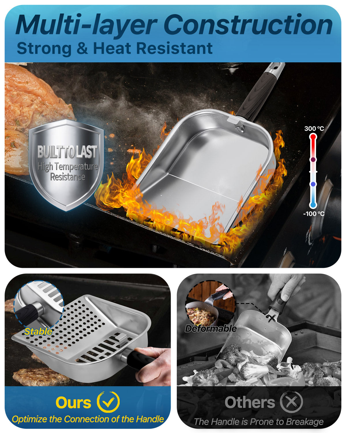 3-in-1 Griddle Scoop For Blackstone Extra-Large Stainless Steel Food Mover & Sifter