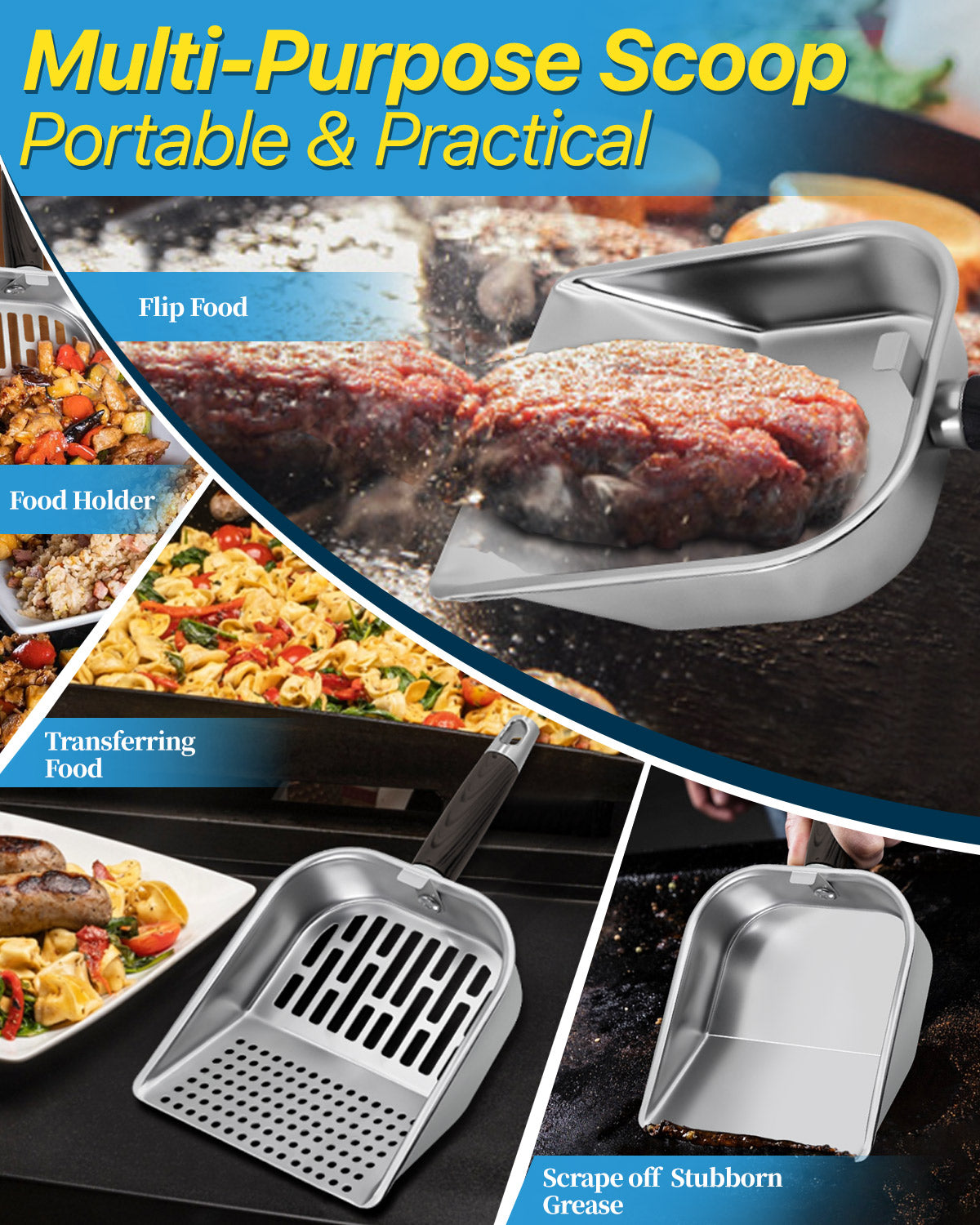 3-in-1 Griddle Scoop For Blackstone Extra-Large Stainless Steel Food Mover & Sifter