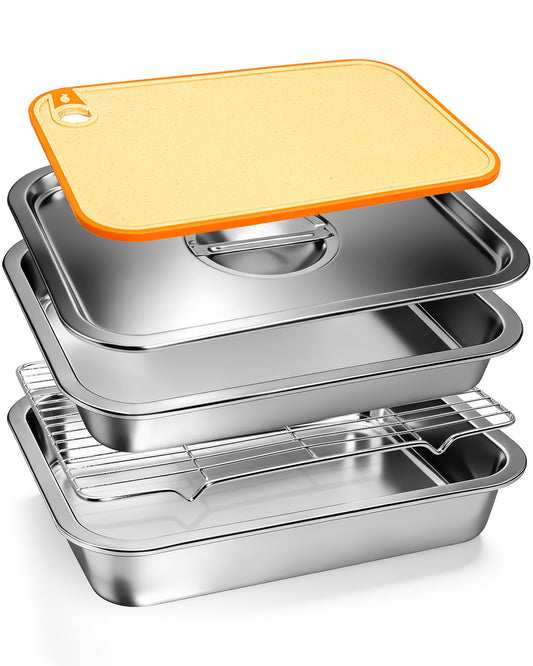 Matchwaves 5-Piece Stainless Steel Grill Prep & Serve Trap With Lid & Dual-Sided Cutting Board
