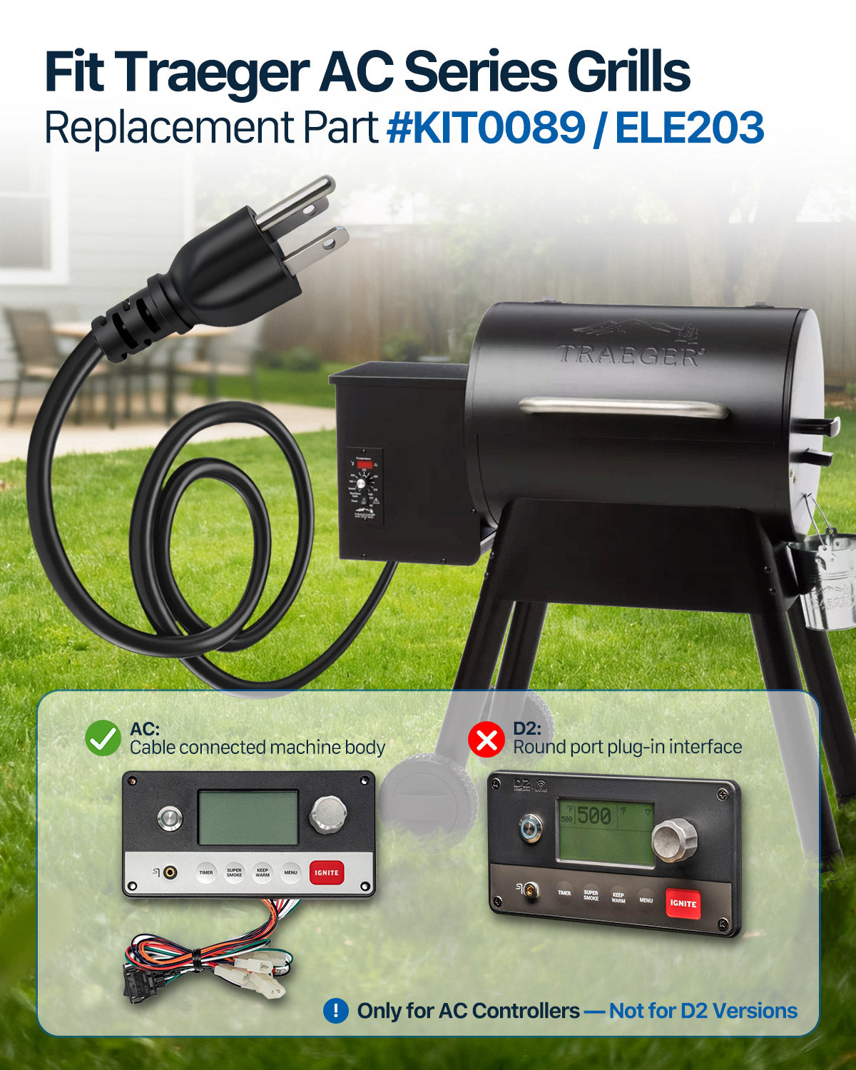 AC Power Cord Replacement UL-Certified 6ft Cable for Traeger, Pit Boss, Camp Chef & Z Grills, Replaces KIT0089 & ELE203