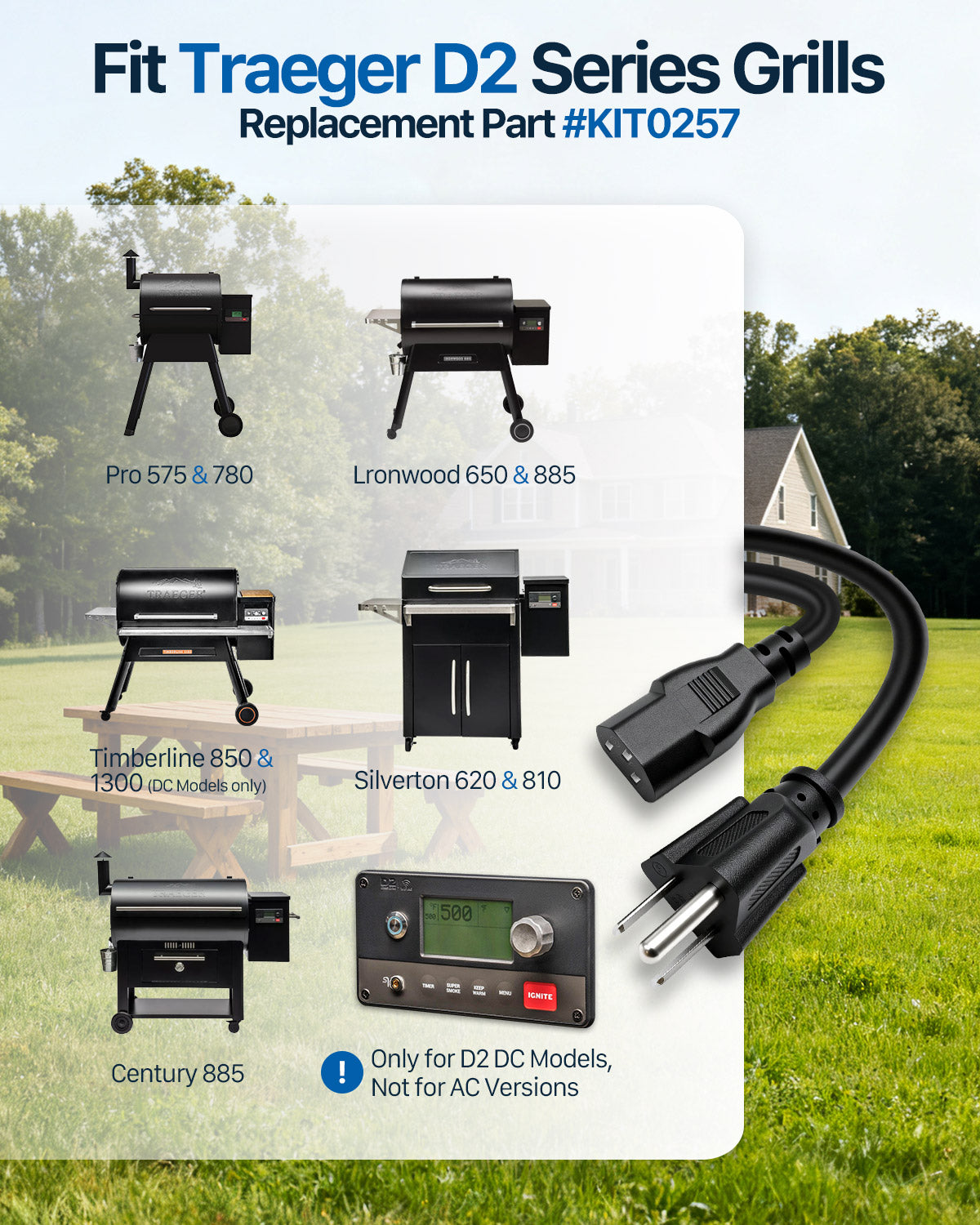 KIT0257 DC Power Cord Replacement for Traeger D2 3-Prong US Cable, Compatible with Pro 575 & 780, Ironwood 650 & 885, Timberline 850 & 1300, Silverton 620 & 810, Century 885, 6ft