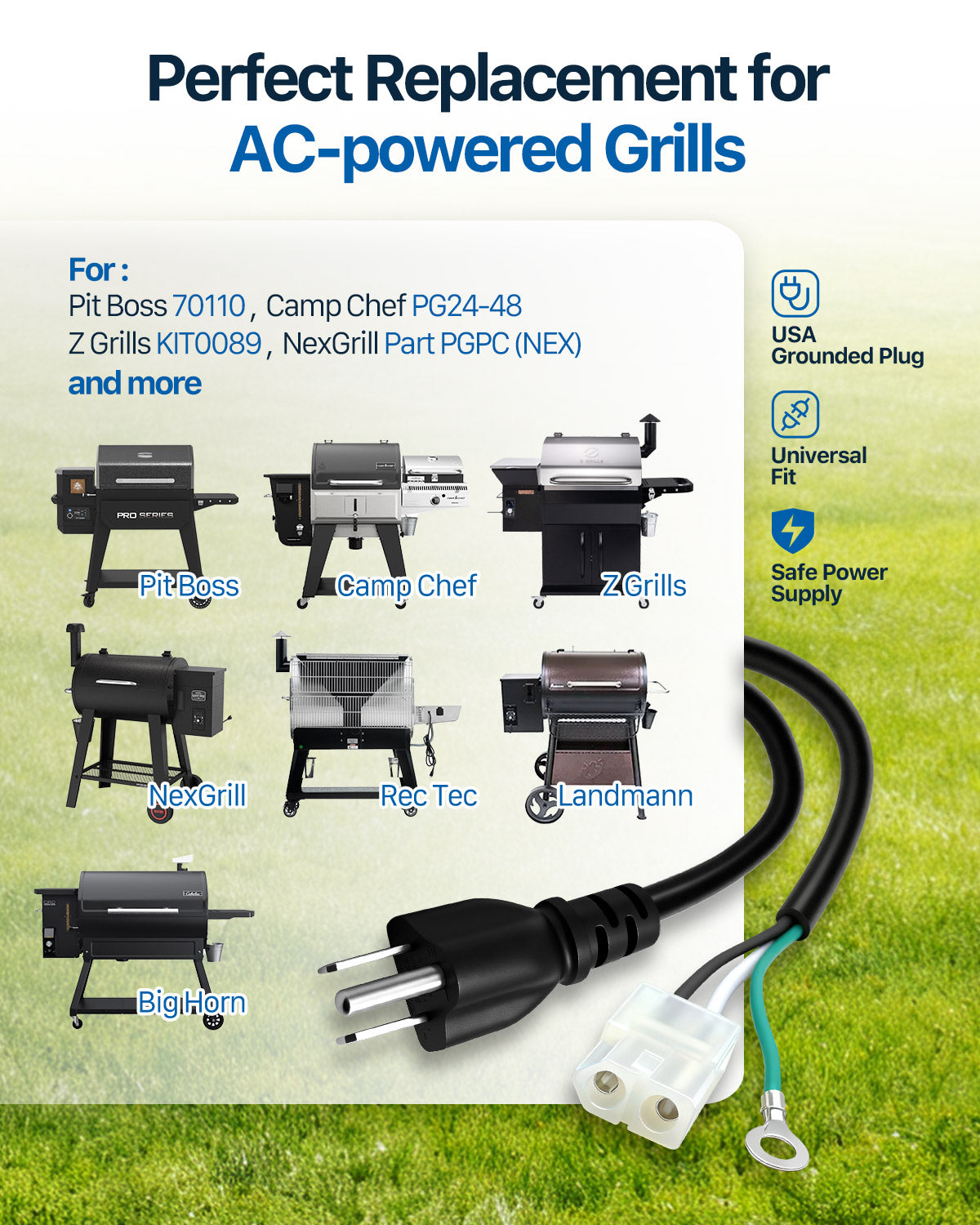 AC Power Cord Replacement UL-Certified 6ft Cable for Traeger, Pit Boss, Camp Chef & Z Grills, Replaces KIT0089 & ELE203