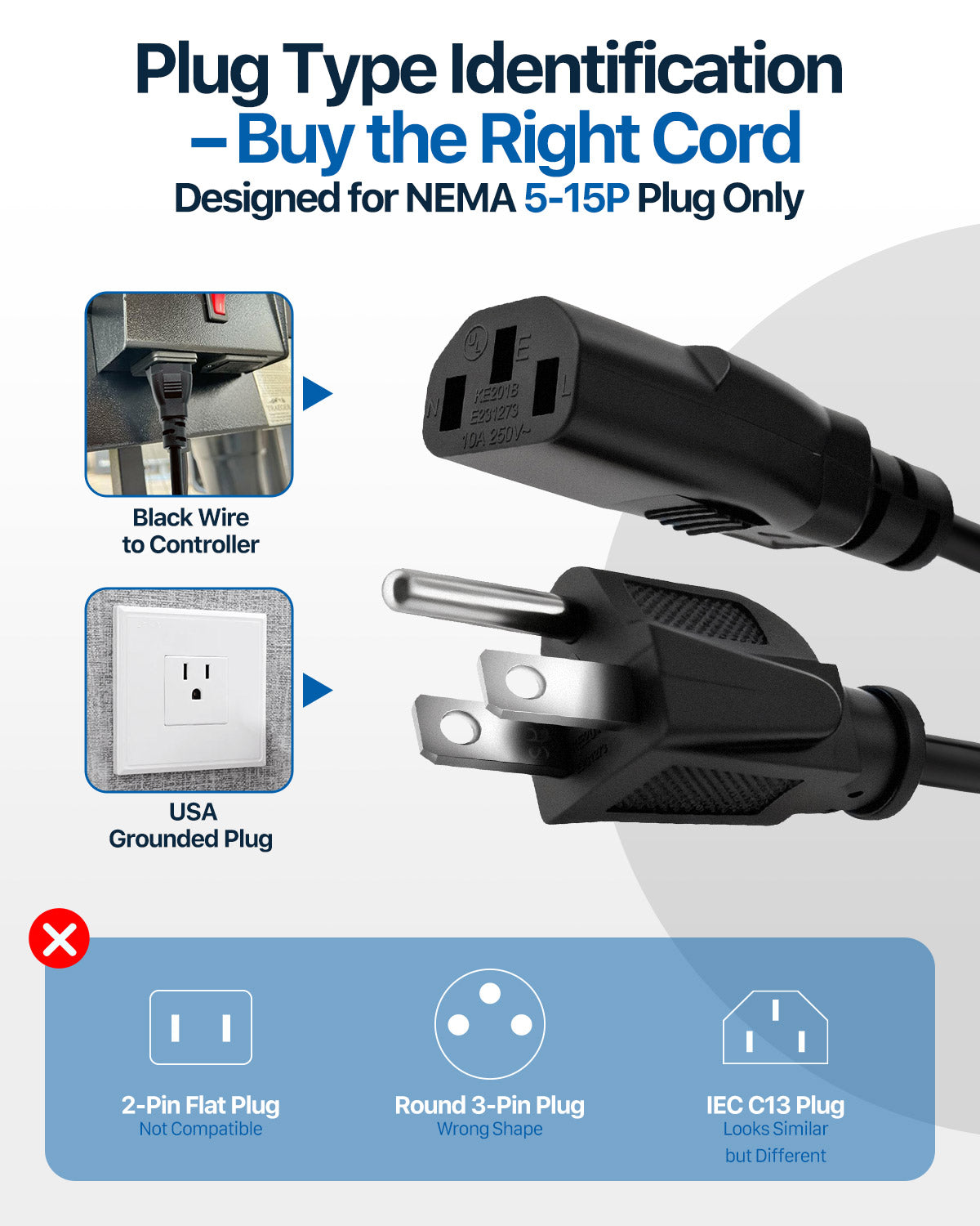 KIT0257 DC Power Cord Replacement for Traeger D2 3-Prong US Cable, Compatible with Pro 575 & 780, Ironwood 650 & 885, Timberline 850 & 1300, Silverton 620 & 810, Century 885, 6ft