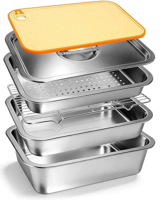 Matchwaves 6-Piece Stainless Steel Grill Prep & Serve Trap With Lid & Dual-Sided Cutting Board