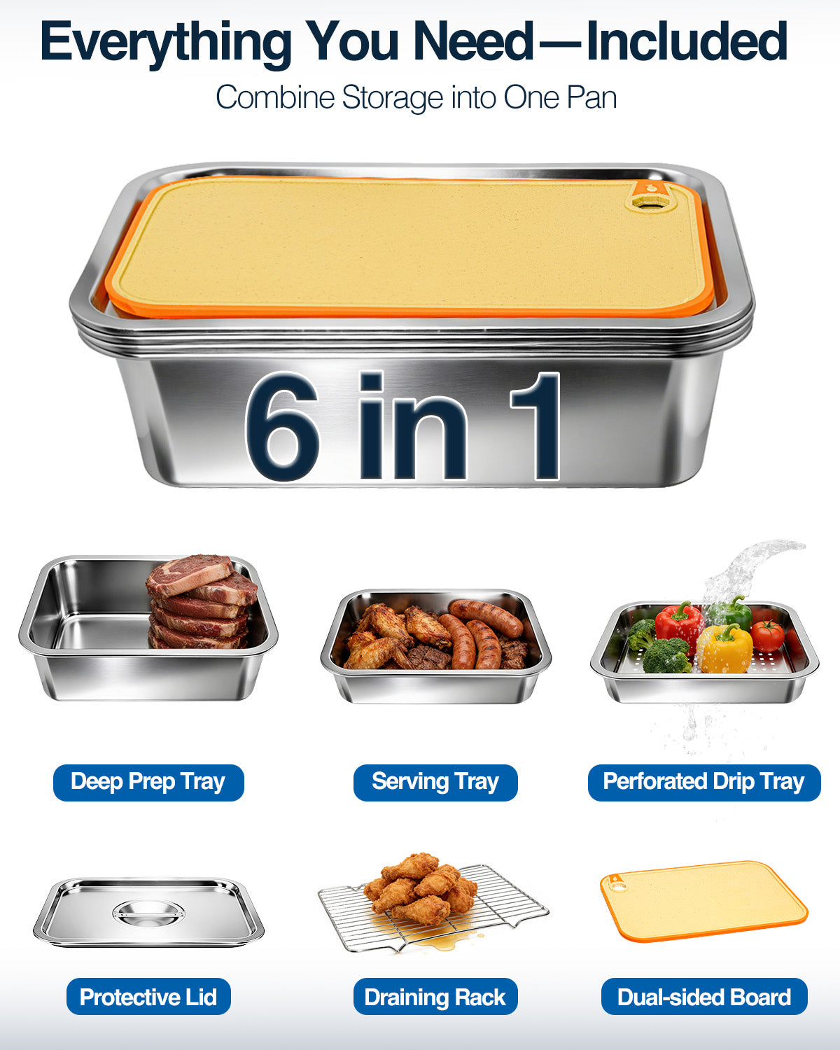 Matchwaves 6-Piece Stainless Steel Grill Prep & Serve Trap With Lid & Dual-Sided Cutting Board