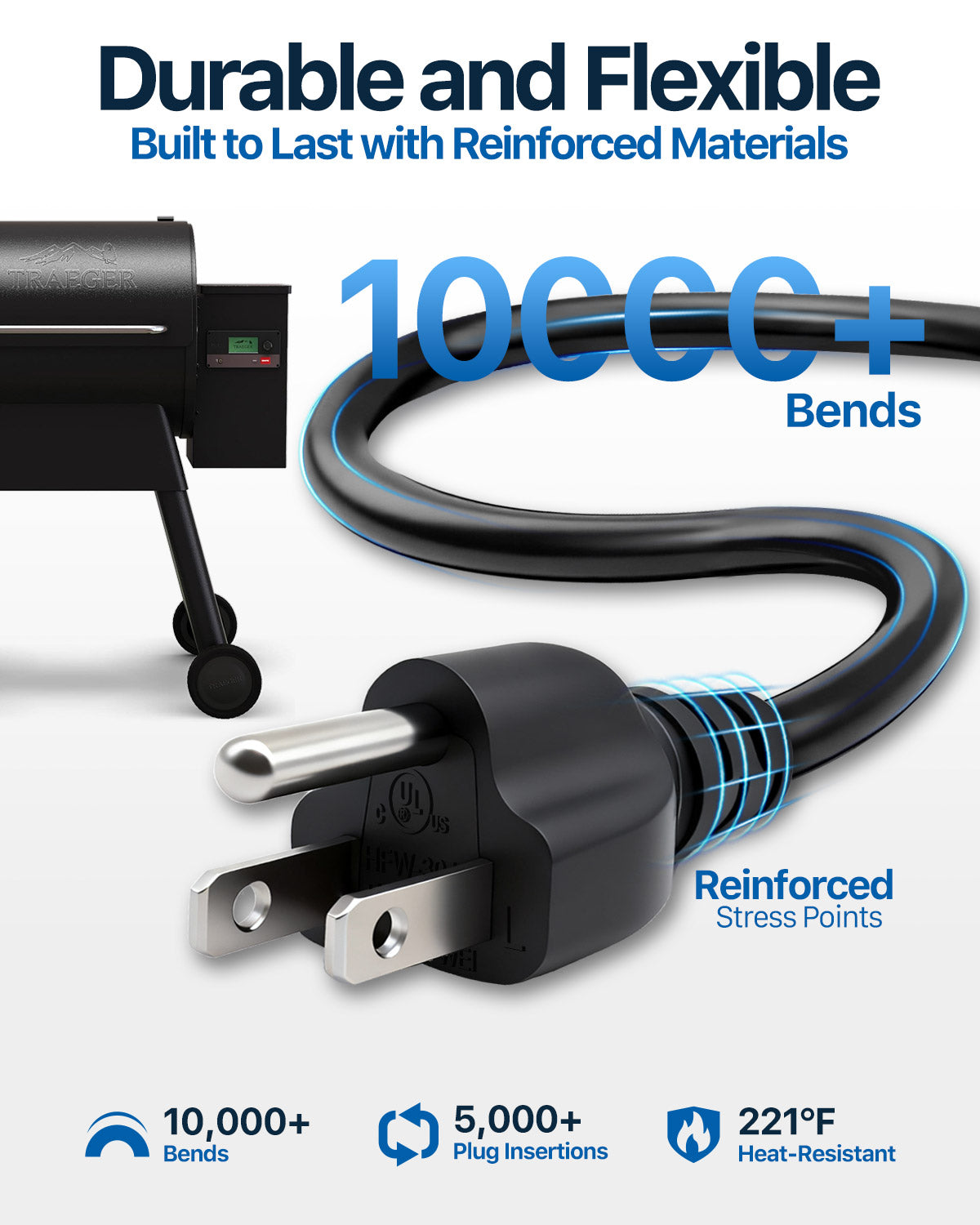 AC Power Cord Replacement UL-Certified 6ft Cable for Traeger, Pit Boss, Camp Chef & Z Grills, Replaces KIT0089 & ELE203